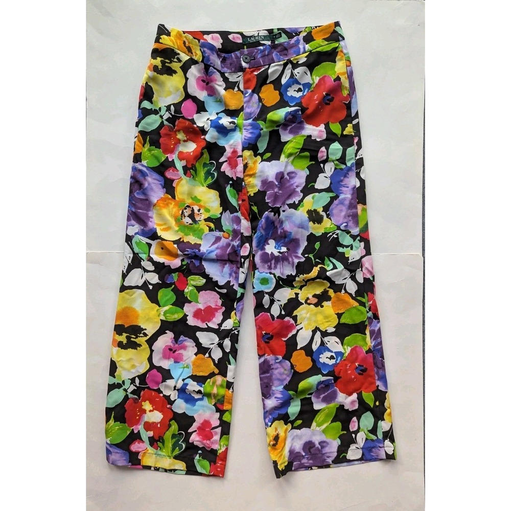 Ralph Lauren Dress Pants Sz 4 Floral Hawaiian Flower Wide Leg Silky Summer